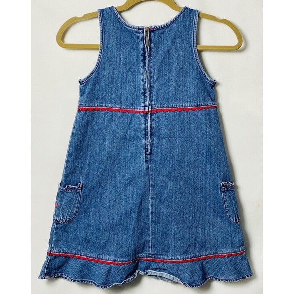 HANNA ANDERSON Girls Size 130 Blue Denim Jean Jumper Dress Embroidered - Picture 2 of 2
